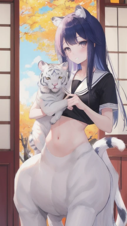 (best quality, masterpiece), 1 girl, centaur, I beg, White skin, Japanese schoolgirl,daughter,black pink, exposing the abdomen, belly button t-shirt , beautiful girl perfect, White tiger photo, 완벽한 White tiger photo