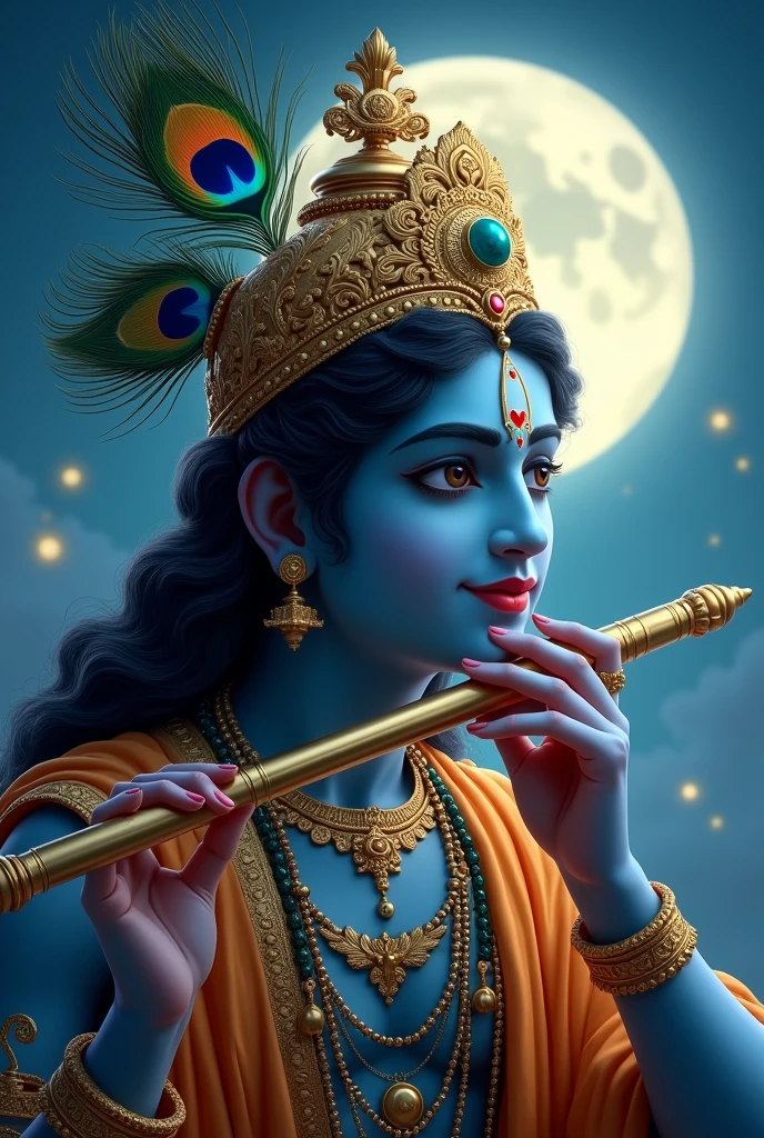A divine portrait of Lord Krishna playing the flute under a moonlit sky, with peacock feathers in his crown and a serene smile