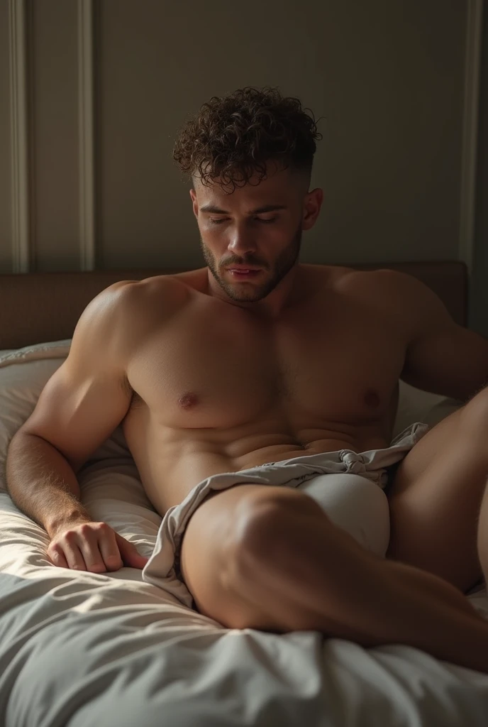 (photorealism:1.2)beautiful man , naked , huge dick , Lying , bedroom short curly hair , Muscular, sticking out his tongue , passive lustful expression,showing butt , enormous ass ,on all fours,