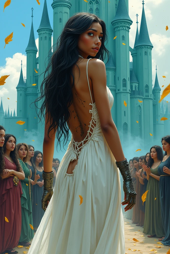 Caramel skinned princess with long black hair and blue eyes. your hands are wearing a pair of iron gloves that cover your fingers. She is wearing a white wedding dress that is ripped and shows her back with a vertical tear.. She is looking at a turquoise palace and is scared. There are many people looking at her with disgust.
Golden leaves fall from the blue sky. There are black and gold veins popping out from her bare back. Realistic illustration like fairy tales.