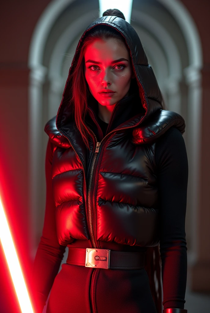 a slim ponytail angry sith wielding her bright lightsaber, she is walking in room full of jedi,beautiful detailed bright red-colored eyes,beautiful freckles,beautiful detailed lips,extremely detailed eyes and face,longeyelashes, wearing beautiful detailed skintight airtight covering-head hooded armored formfitting duvetica overfilled overinflated shiny hyper gleamy thick hyper glossy puffer-vest covering her padded high-collared sealed puffer-jacket, glossy latex leggings,symmetrical,masterpiece,cinematic,lifelike,hyperrealistic,8k,photorealistic,highly detailed,intricate,exquisite,elegant,beautiful,stunning
