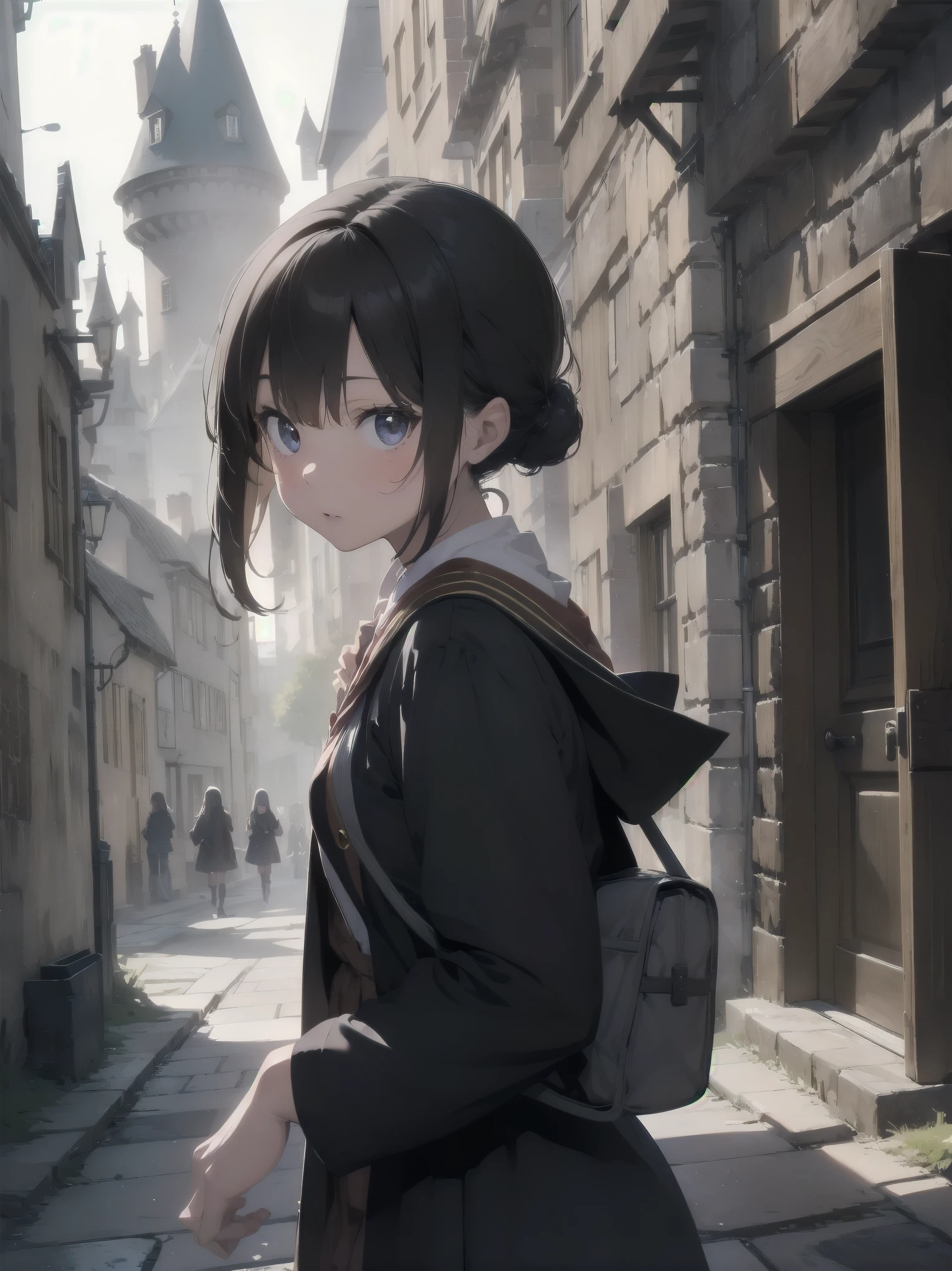 Masterpiece, Top Quality, Absurd, High Resolution, Subject Seismic, Animation Style Illustration with Mock Pause, 1 Girl, Solo, Cute random hairstyle, beautiful random expression and face, random age, slender, random clothing for situation,wizard robes, wand, magical castle, owl, spell book, (Hogwarts: 1.2), magic, wonder, (Harry Potter inspired: 1.3), mysterious atmosphere, details