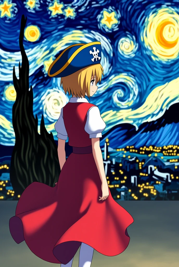 Me puedes hacer una imagen del man Ryusui Nanami (man) of doctor stone with his red pirate clothes with short sleeves and having the lower part as a dress with his short blonde hair down to his neck and with a big blue pirate hat turning his back and seeing the city with Van Gogh&#39;s starry night in the background In a general shot but with the character a little small 