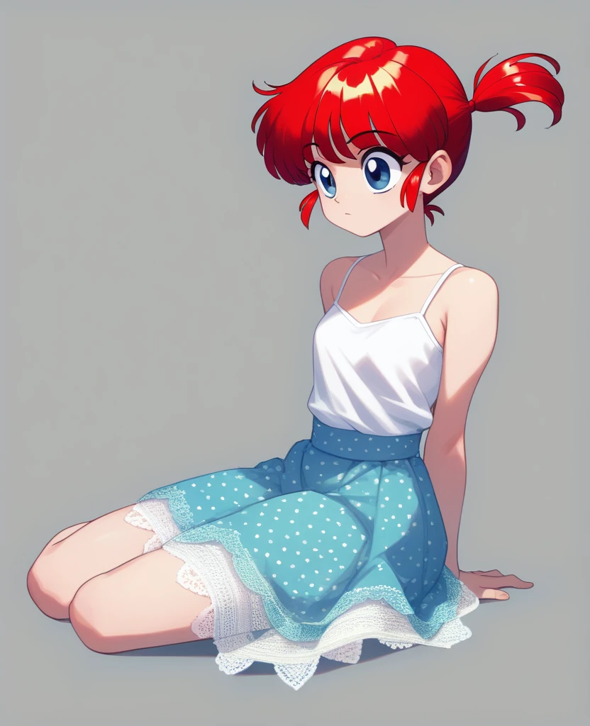 comics(Random Horse 1/2),Using the female prototype of Ranma Saotome, 1 girl,Clear contours, Colorful full body photos, (Beautiful and delicate eyes), (pretty face:1.3), childish face, (Red hair), short hair, (single ponytail), ((Bangs)), bumpy Bangs, blue gray eyes, big eyes,Wear a white camisole top(Tiny lace pattern),Yellow thin close-fitting skirt,White women's high heels,Face the camera head-on,One foot is slightly bent against the calf of the other leg,Lift slightly,Make a Y with your hands。