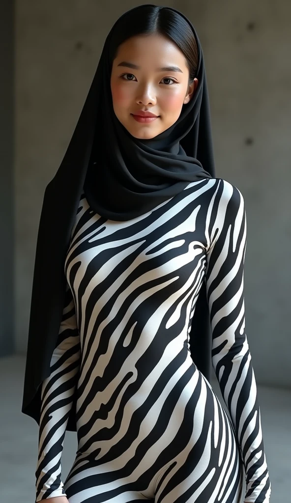 The most beautiful,thin,most cute and clever Asian muslimah girl wears zebra lycra turtleneck unitard catsuit covered with stripes.She always wear zebra print lycra dancewear shawl hijab covered with stripes.She feels good when she smiles.