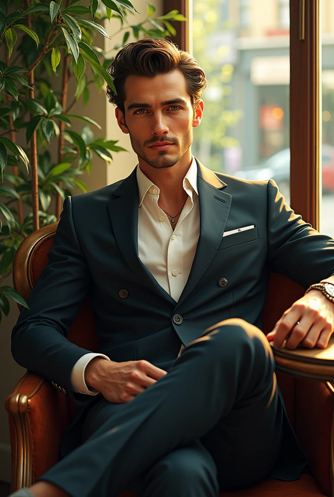 (photorealism:1.2), beautiful man, sitting on coffee shop, wearing a formal dress, pants, hair, indoors, soft lighting, plants in background, window with sunlight, cozy room, relaxed pose, realistic, intricate details, warm colors, by Greg Rutkowski, by Alphonse Mucha