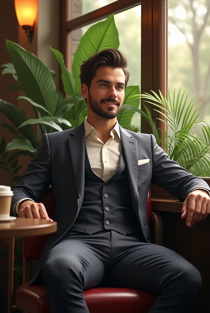 (photorealism:1.2), beautiful man, sitting on coffee shop, wearing a formal dress, pants, hair, indoors, soft lighting, plants in background, window with sunlight, cozy room, relaxed pose, realistic, intricate details, warm colors, by Greg Rutkowski, by Alphonse Mucha