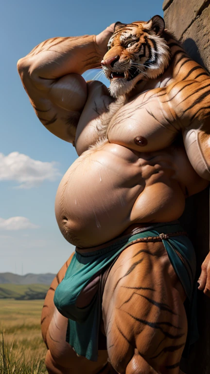 Tiger beast man。Big muscles。Big Belly。thick limbs。Loincloth。bulge。Upper body naked。grassland。sweating。Realistic。