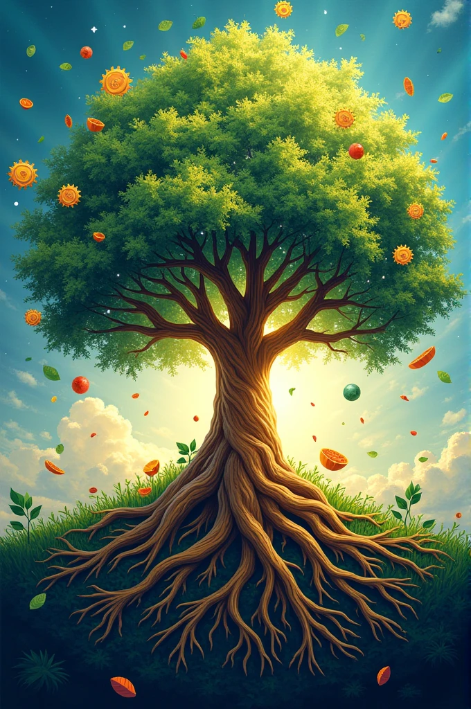 Central Image: A vibrant tree with interconnected roots.Roots: Symbolizing unity and strong relationships among ASEAN countries. The shapes of the roots subtly form the outlines of ASEAN nations.Branches: Stretch upwards to represent prosperity and future growth.Elements: Scattered within the branches, you'll find:Icons like gears, leaves, and fruits to symbolize progress, development, and stability.Color Scheme:Deep green: For growth and sustainability.Blue: For peace and stability.Gold: For prosperity.Composition: The entire design radiates energy, progress, and unity, with a strong and dynamic look to emphasize the theme of "Pagpapaunlad sa Ugnayan para sa Katatagan."