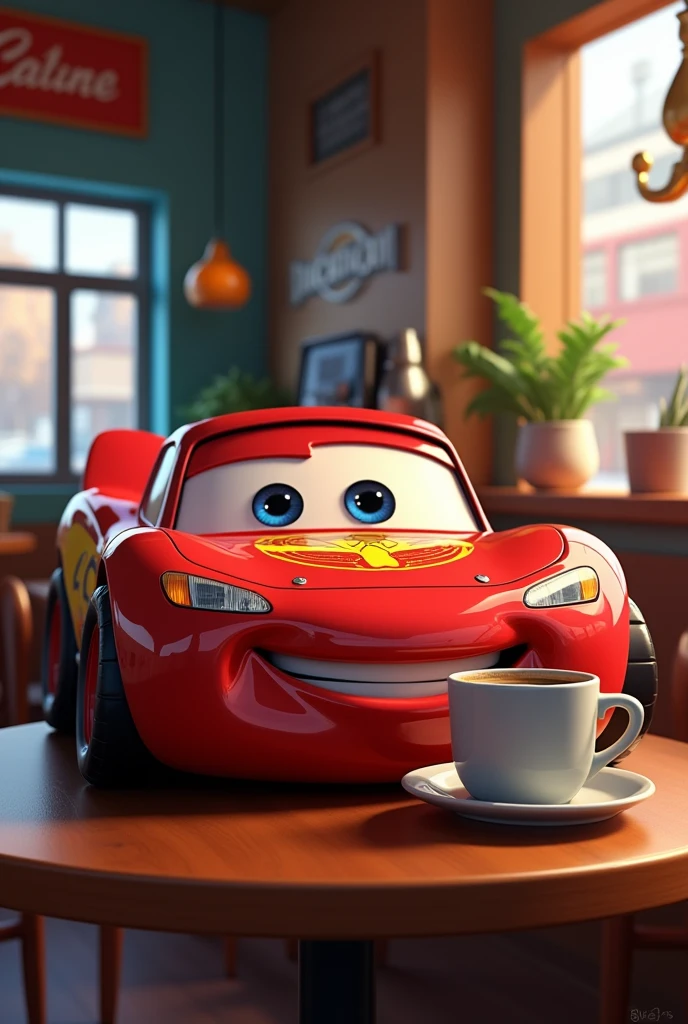 Lightning McQueen drinking coffee