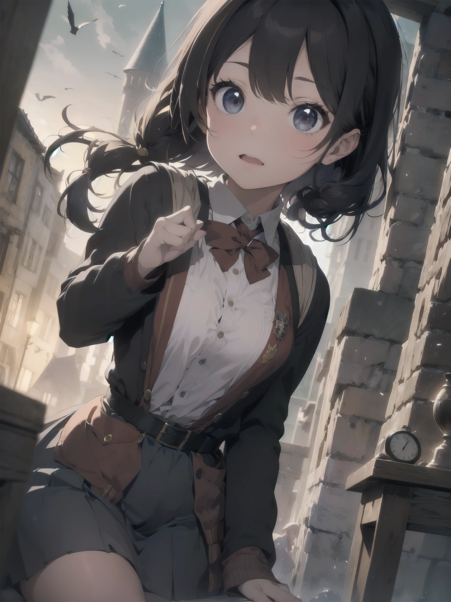 Masterpiece, Top Quality, Absurd, High Resolution, Subject Seismic, Animation Style Illustration with Mock Pause, 1 Girl, Solo, Cute random hairstyle, beautiful random expression and face, random age, slender, random clothing for situation,wizard robes, wand, magical castle, owl, spell book, (Hogwarts: 1.2), magic, wonder, (Harry Potter inspired: 1.3), mysterious atmosphere, details