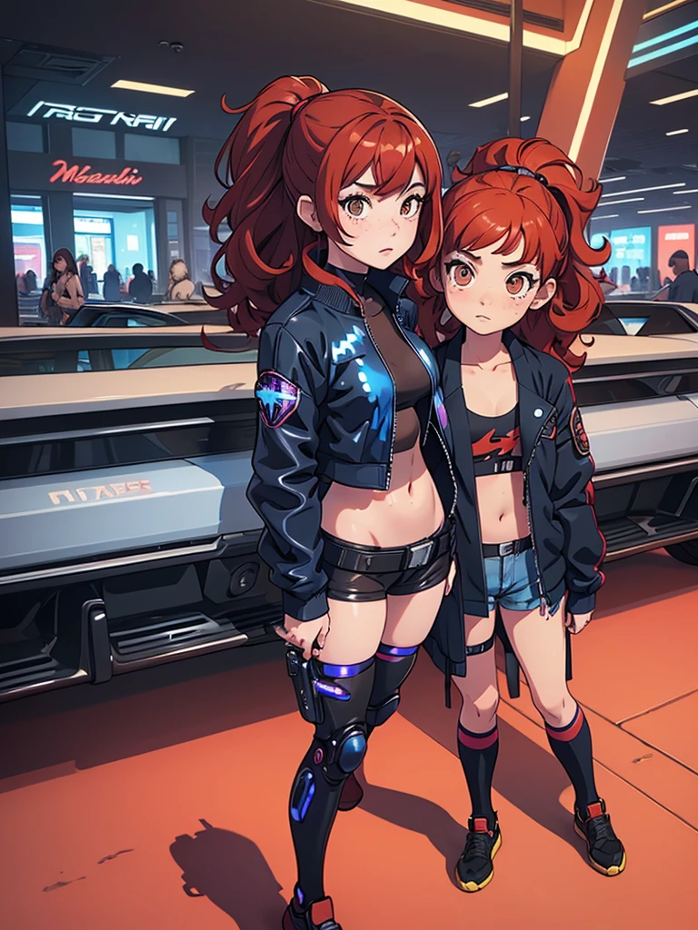 (masterpiece), (best quality), ((one girl)),alone, red hair,((brown eyes)),curly hair, anime style, freckles, (mall breast, (petite figure), blue and black cyberpunk jacket, legs, desert background