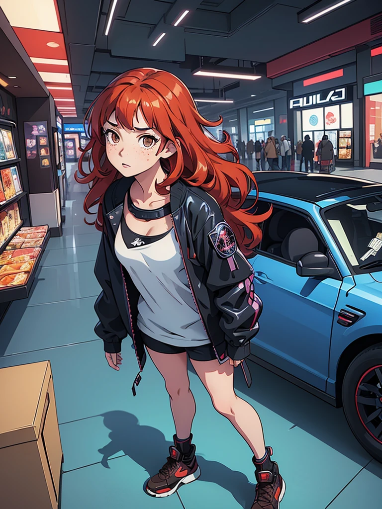 (masterpiece), (best quality), ((one girl)),alone, red hair,((brown eyes)),curly hair, anime style, freckles, (mall breast, (petite figure), blue and black cyberpunk jacket, legs, desert background