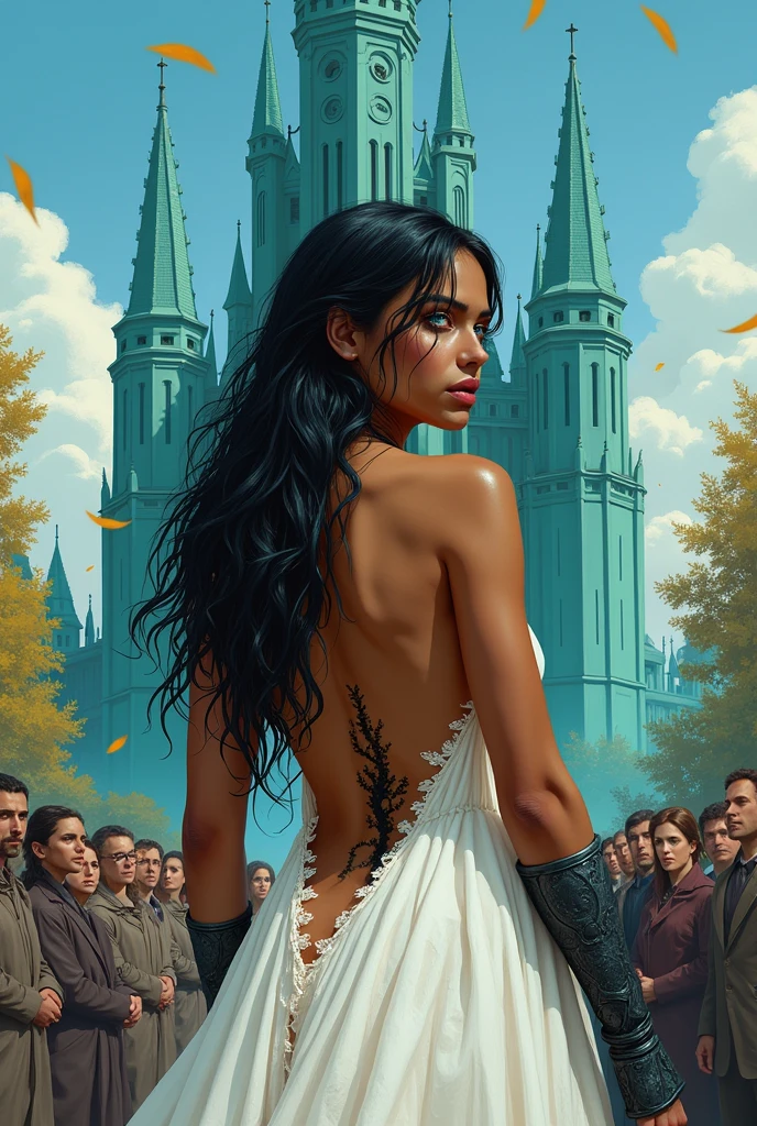Caramel skinned princess with long black hair and blue eyes. your hands are wearing a pair of iron gloves that cover your fingers. She is wearing a white wedding dress that is ripped and shows her back with a vertical tear.. She is looking at a turquoise palace and is scared. There are many people looking at her with disgust. 
 Golden leaves fall from the blue sky. There are black and gold veins popping out from her bare back. Realistic illustration like fairy tales.
