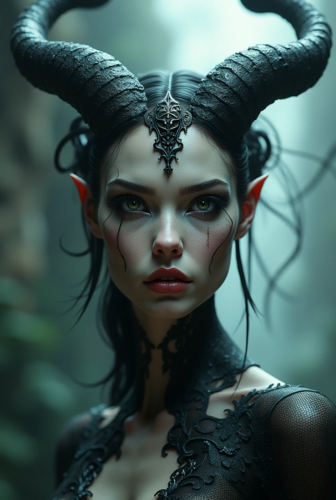 The front view of a luscious but terrifying demon goddess 
