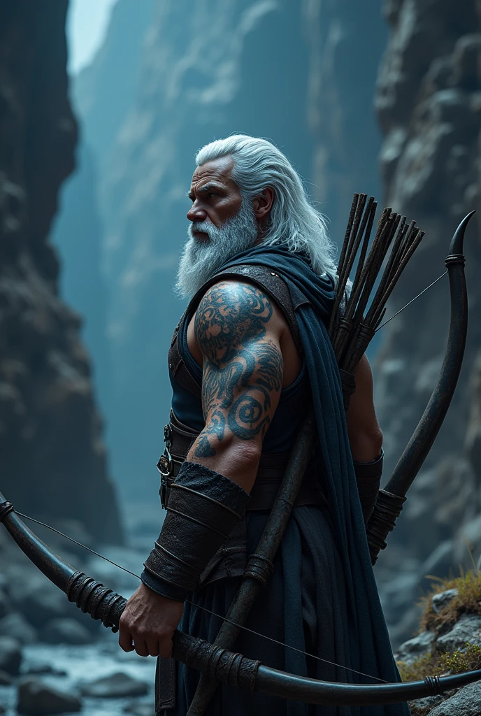 Viking archer with tattoo on face and arm with white hair at night in a canyon in 4K 