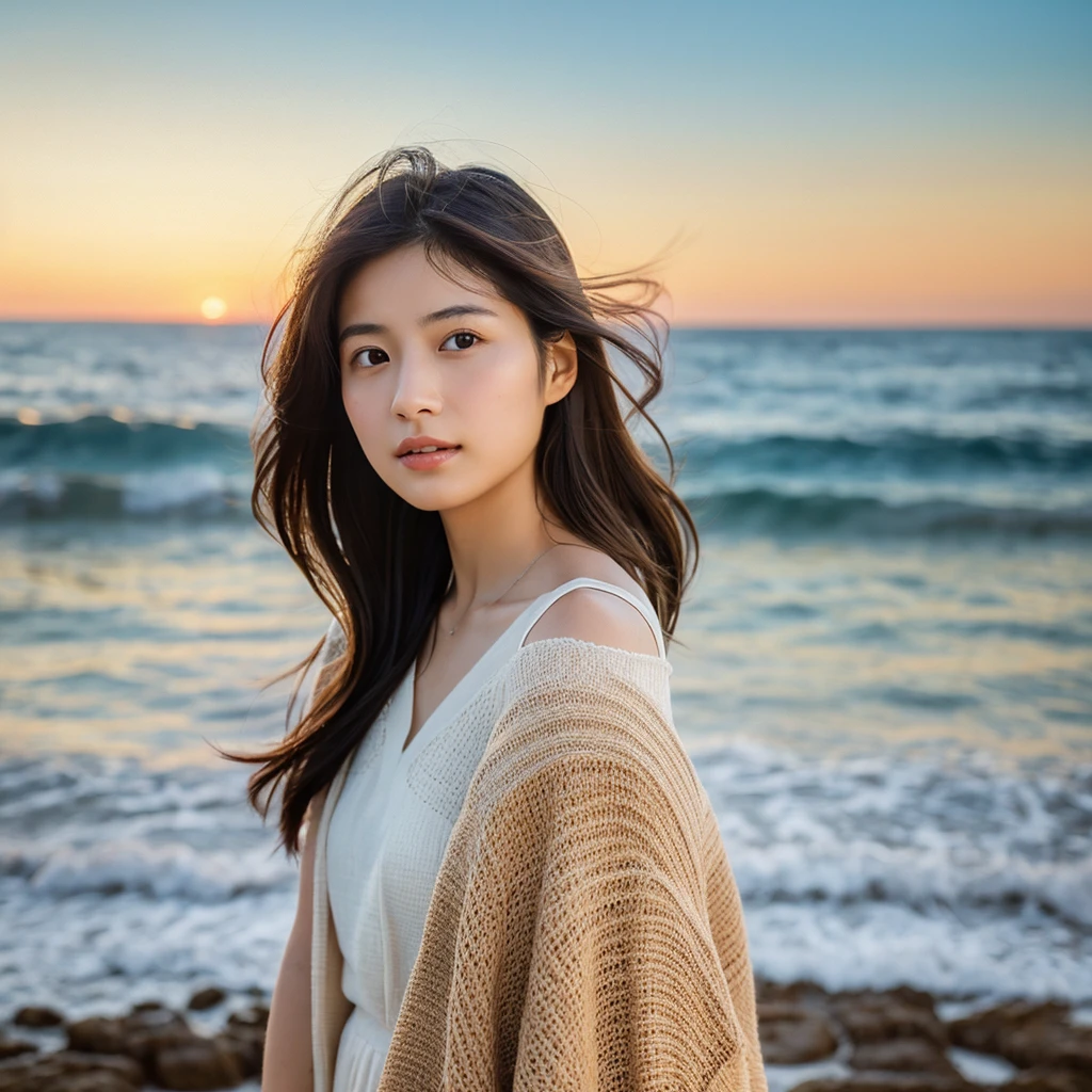 A hyper-realistic image of a single Japanese woman in her early 20s, captured with the nostalgic warmth and subtle graininess of a film camera. She is standing by the seaside, with the soft, golden light of the setting sun casting a warm glow on her skin, which has a natural, slightly rough texture with visible pores, fine lines, and subtle imperfections such as small blemishes, adding to the authenticity of her appearance. The gentle breeze tousles her straight, glossy black hair as it frames her face, while her deep brown eyes reflect the ambient light of the ocean, adding depth and emotion. The background features the calm waves and a sandy shoreline, with the soft focus and slight grain of the film effect giving the scene a warm, nostalgic atmosphere. She is dressed in a light, flowing outfit that moves gently with the breeze, complementing the serene coastal setting. The overall composition evokes a sense of tranquil beauty, capturing the imperfections that make her lifelike and the timeless quality of the moment, all rendered with the signature film-like qualities of subtle grain and natural lighting.
