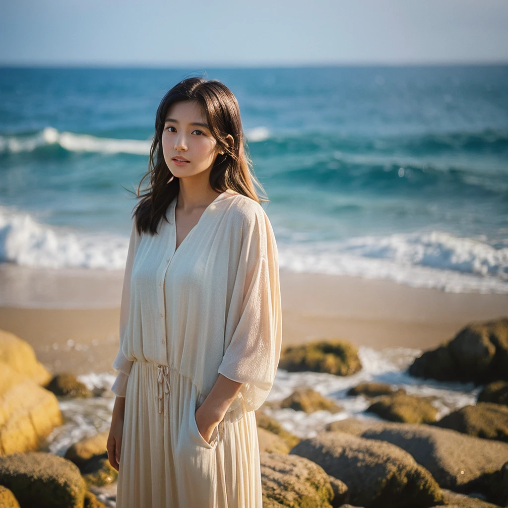 A hyper-realistic image of a single Japanese woman in her early 20s, captured with the nostalgic warmth and subtle graininess of a film camera. She is standing by the seaside, with the soft, golden light of the setting sun casting a warm glow on her skin, which has a natural, slightly rough texture with visible pores, fine lines, and subtle imperfections such as small blemishes, adding to the authenticity of her appearance. The gentle breeze tousles her straight, glossy black hair as it frames her face, while her deep brown eyes reflect the ambient light of the ocean, adding depth and emotion. The background features the calm waves and a sandy shoreline, with the soft focus and slight grain of the film effect giving the scene a warm, nostalgic atmosphere. She is dressed in a light, flowing outfit that moves gently with the breeze, complementing the serene coastal setting. The overall composition evokes a sense of tranquil beauty, capturing the imperfections that make her lifelike and the timeless quality of the moment, all rendered with the signature film-like qualities of subtle grain and natural lighting.