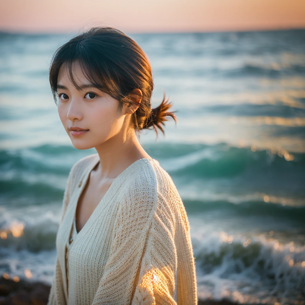 A hyper-realistic image of a single Japanese woman in her early 20s, captured with the nostalgic warmth and subtle graininess of a film camera. She is standing by the seaside, with the soft, golden light of the setting sun casting a warm glow on her skin, which has a natural, slightly rough texture with visible pores, fine lines, and subtle imperfections such as small blemishes, adding to the authenticity of her appearance. The gentle breeze tousles her straight, glossy black hair as it frames her face, while her deep brown eyes reflect the ambient light of the ocean, adding depth and emotion. The background features the calm waves and a sandy shoreline, with the soft focus and slight grain of the film effect giving the scene a warm, nostalgic atmosphere. She is dressed in a light, flowing outfit that moves gently with the breeze, complementing the serene coastal setting. The overall composition evokes a sense of tranquil beauty, capturing the imperfections that make her lifelike and the timeless quality of the moment, all rendered with the signature film-like qualities of subtle grain and natural lighting.