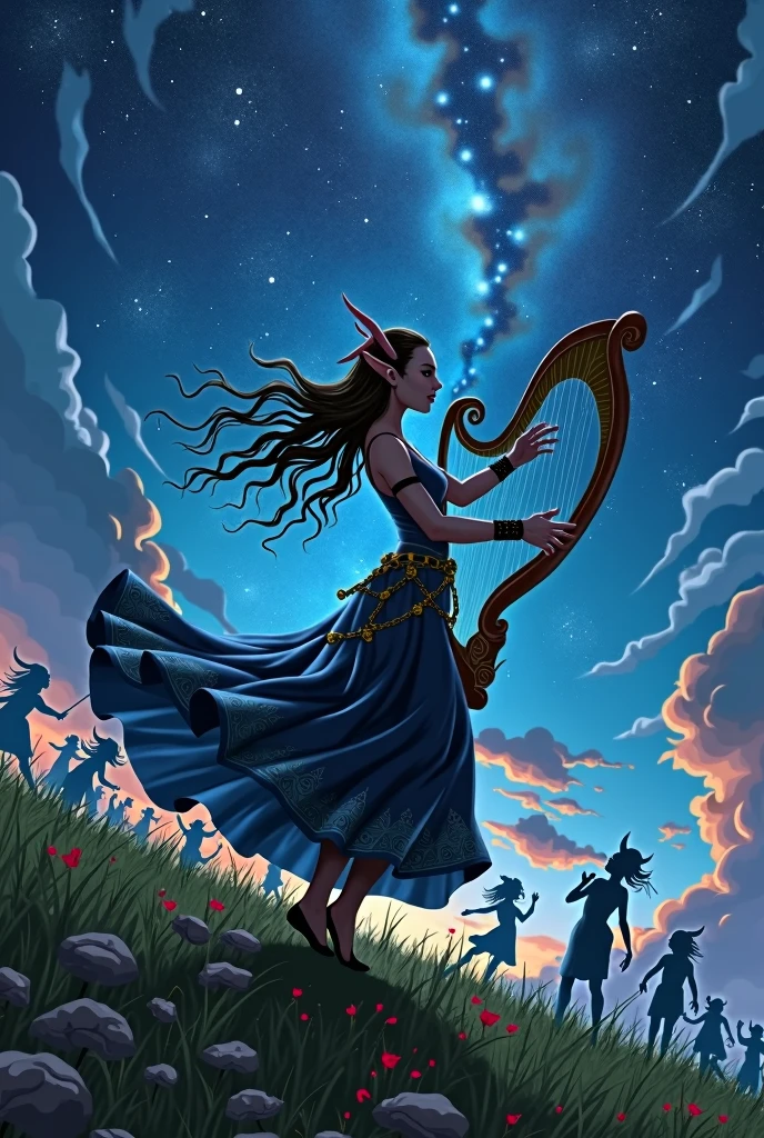 (Ultra-detailed face, looking away, Fantasy Illustration with Gothic, Ukiyo-e, Comic Art, Rich colors, Starry Sky),
BREAK
(A female dark elf bard dances and jumps in daring poses, holding a harp and playing it as she twirls around and around on the hilltop.),
BREAK
(Here, on a grass-covered hill in the middle of the night in early summer, under a starry sky with the Milky Way twinkling, many elves are hopping, dancing, and singing around the