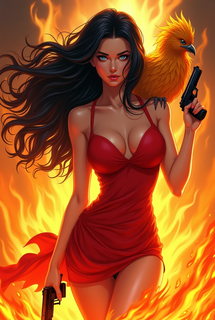 An illustration type image of a very beautiful woman, long black hair, very blue eyes, Lovely, coming out of a fire, a tight red dress, and a phoenix on his shoulder, and a gun in more hands