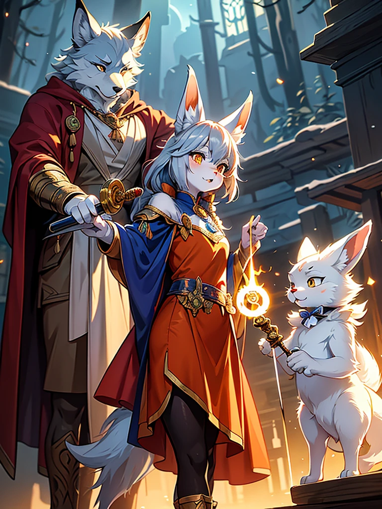 (Mucha style:0.8) , furry , Adventure fantasy, the magician old silver wolf , with the droopy-eared swordsman orange rabbit girl , The Swordsman supports the Magician while he is casting a spell.