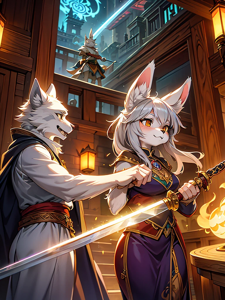 (Mucha style:0.8) , furry , Adventure fantasy, the magician old silver wolf , with the droopy-eared swordsman orange rabbit girl , The Swordsman supports the Magician while he is casting a spell.
