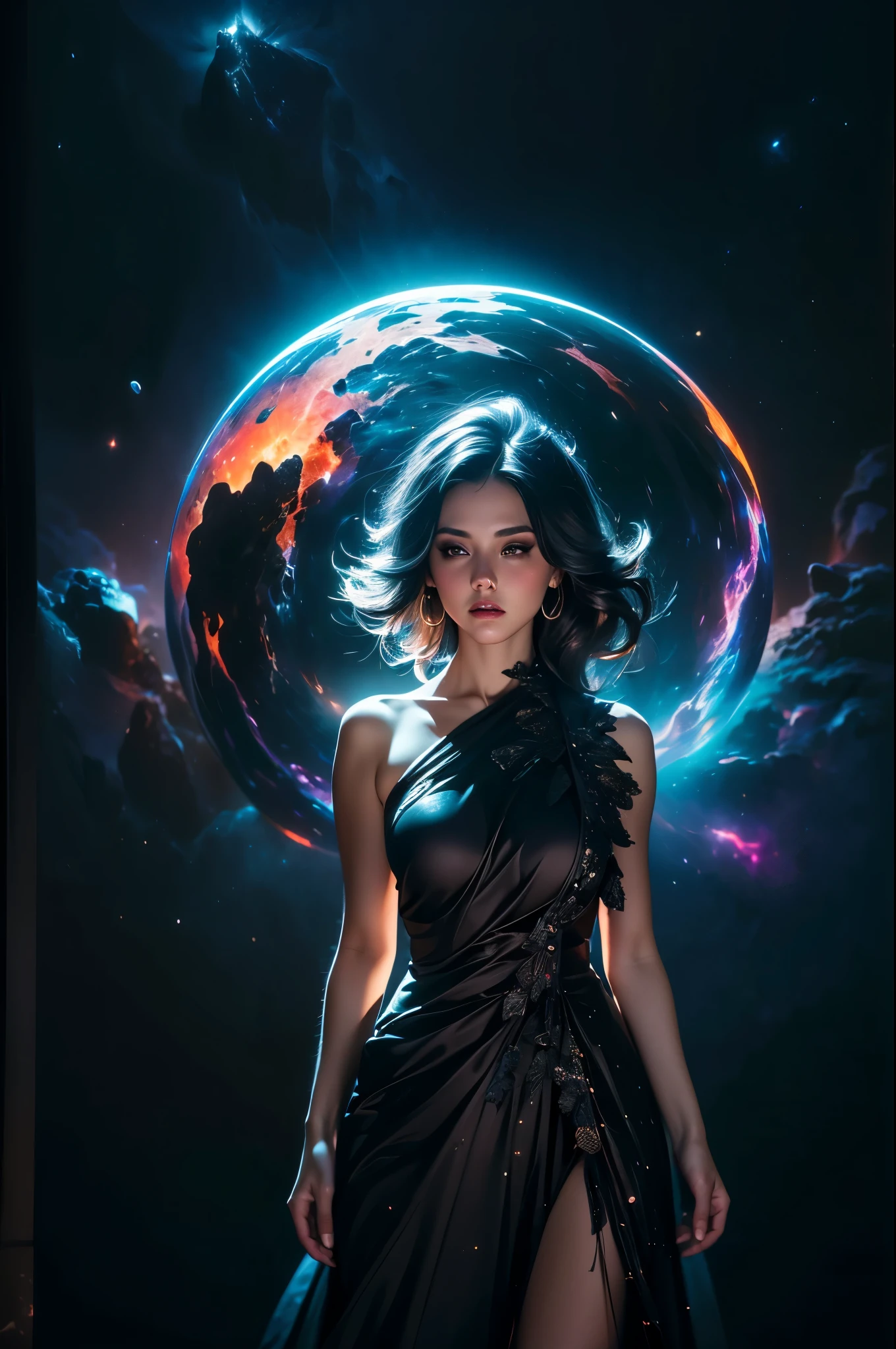 (masterpiece, best quality, highres, high resolution:1.2), extremely detailed, realistic, intricate details, 1girl, solo, looking at viewer, (abstract art:1.3), (dark theme:1.2), art, stylized, deep shadow, dark theme, cosmic dress, cosmic beauty, in space, nebula, (cinematic lighting, bloom, volumetric),