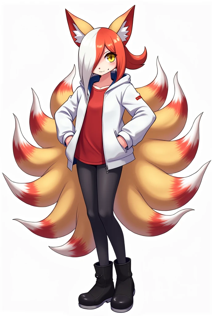 Create a Kitsune with half white and half red hair, with a ponytail, with the hair covering the eye a little on the left side, yellow  eyes, eyes large, humanoid, with ears and nine tails with red tips and white tails, o nome dele é Kito Kaiiatsubaky, Men&#39;s White Windbreaker Jacket with Red Shirt, black pants and men&#39;s black boots, with black gloves, Personalidade: always cheerful and lively and willing to protect his friends and companions.