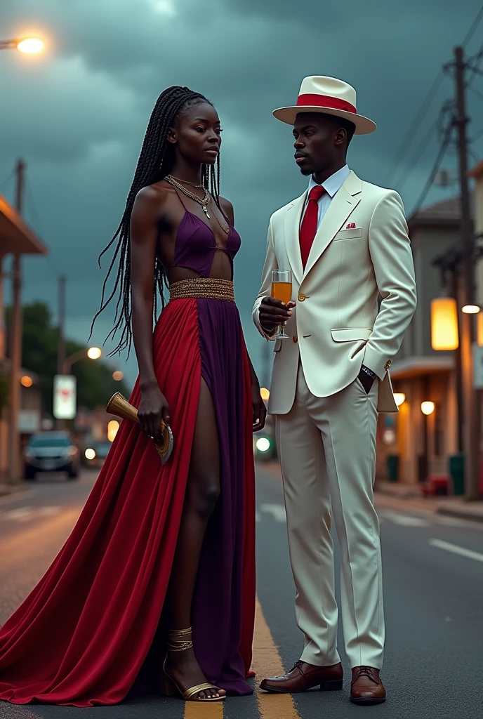 {
  "prompt": "Create a hyper-realistic photograph of Oya and Zé Pilintra standing together. Oya, portrayed as a tall and powerful African woman with dark skin, is slightly taller than Zé Pilintra. She wears flowing garments in deep red and purple, symbolizing her connection to storms and the wind. Her long braided hair, adorned with beads, moves slightly as if caught by the wind, and she holds a machete with determination. Zé Pilintra stands beside her, dressed in a crisp white suit, red tie, and a white fedora with a red band. He has medium-dark skin, and his posture is confident and relaxed, holding a glass of cachaça. The background features a dusk scene at a crossroad, blending stormy skies for Oya with an urban street environment for Zé Pilintra. The lighting highlights their facial features and textures, capturing every detail as if taken by a high-resolution camera, ensuring the image has the clarity and realism of a photograph."
}