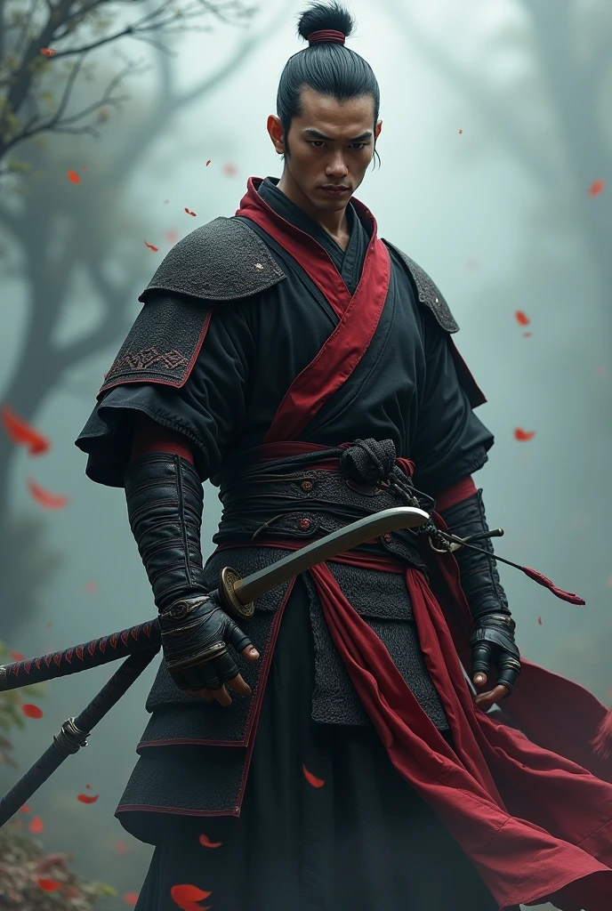 Attractive and strong Japanese man, Samurai, black and red outfits.