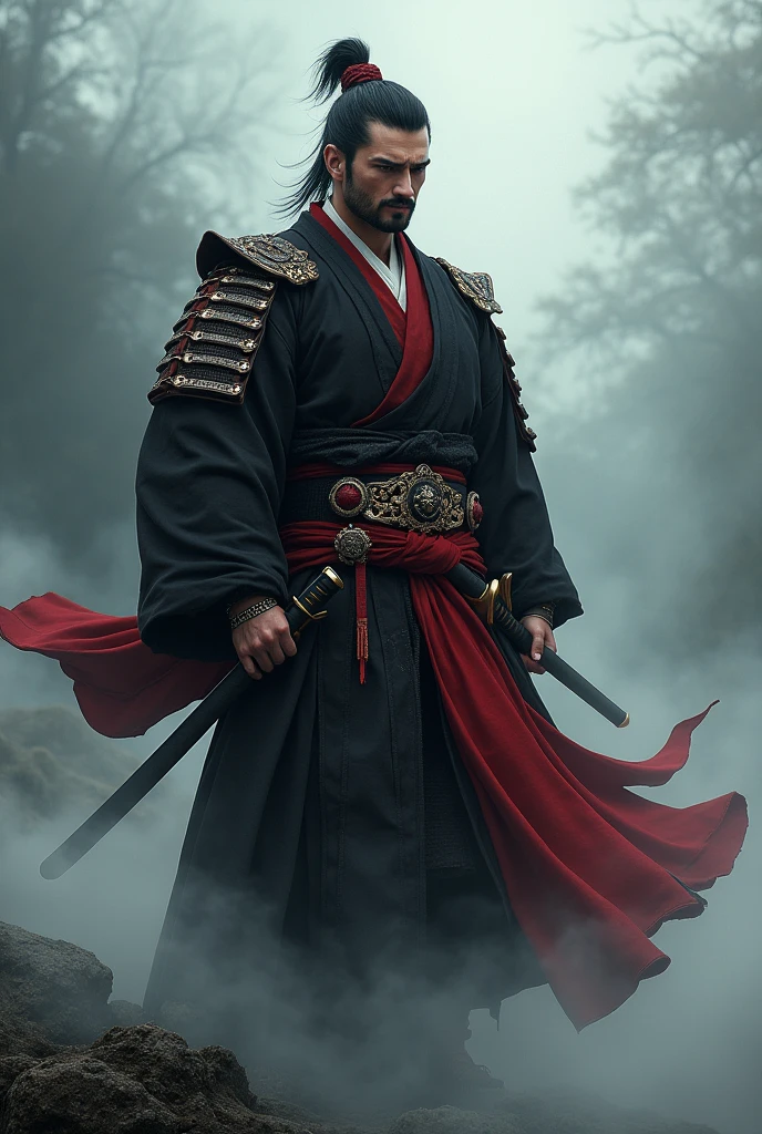 Attractive and strong Japanese man, Samurai, black and red outfits.