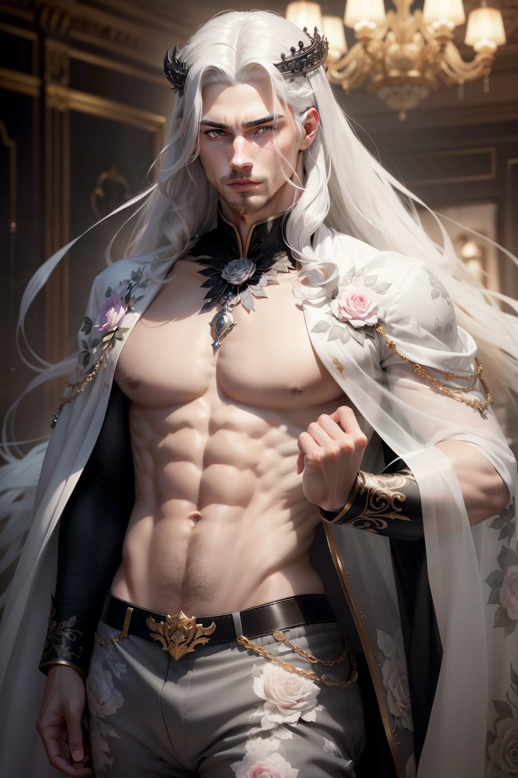 (8k,shipmentsrrealista　shipments　Maximum quality;1.4) (ung boy) Super handsome king of the underworld　(lifelike face) 　(long white hair with gray tips, bright white floral hair)　slenderbody　Muscular and hairy and macho　Shiny light gray floral aristocratic costume with large golden eyes　bright light gray floral decoration　Fangs peeking out of the mouth　Pointed claws　a seductive gaze　Beautiful expression　A hyper-realistic　(King of the Underworld)　appealing　(real looking skin)　super high resolution　high détail　Luxury light grey floral pants　gray rose aura emanating from the body　effect　 grey floral transparent cover 