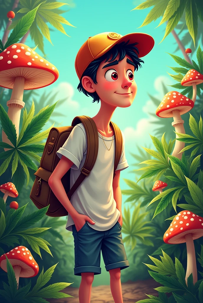 a male character, cartoon, smoking cannabis, wearing a cap and backpack. with a red eyes. In a garden of cannabis and mushrooms