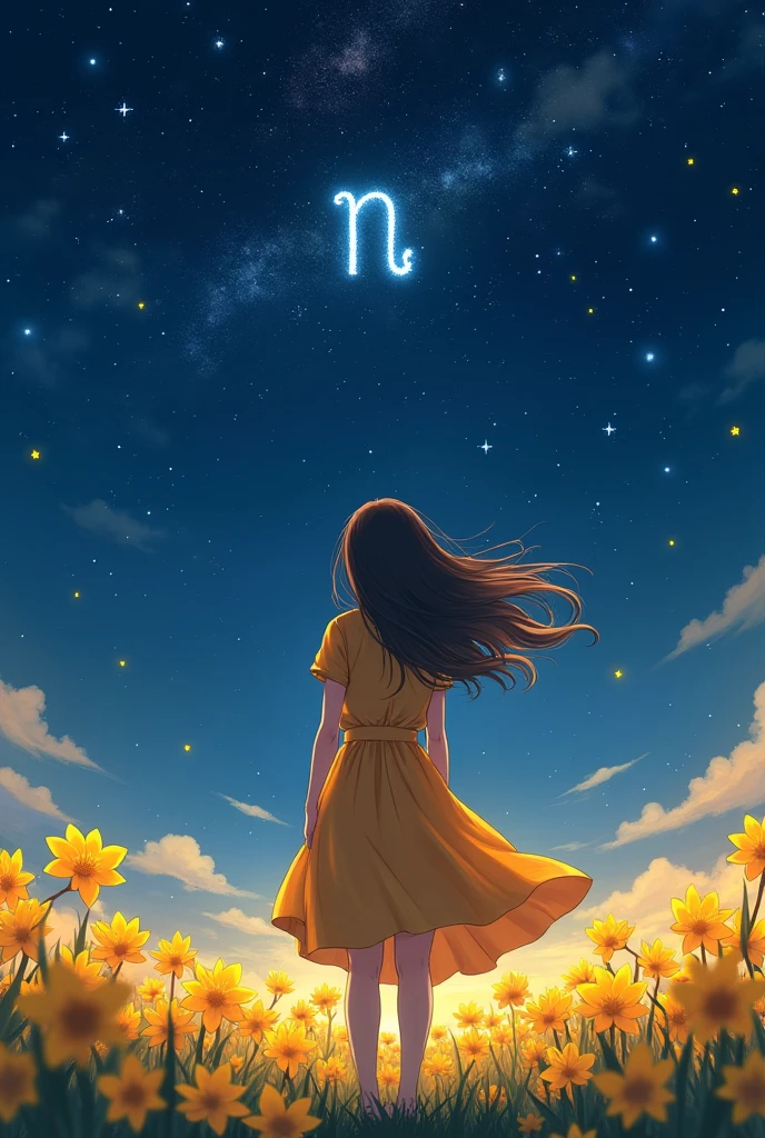 [anime styling], girl from the back (doesn&#39;t show face) observes the starry sky over a field of yellow orchids, in the sky the stars form the symbol of the sign Virgo, girl wears amber colored dress that is fluttered by the breeze of the wind, hair in the wind, beautiful night
