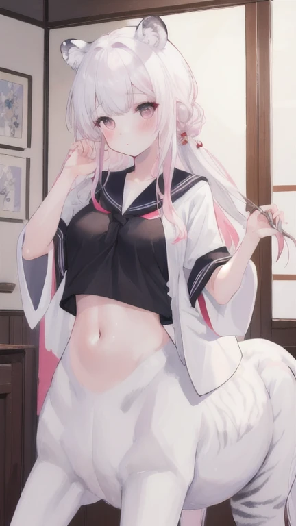 (best quality, masterpiece), 1 girl, centaur, I beg, White skin, Japanese schoolgirl,daughter,black pink, exposing the abdomen, belly button t-shirt , beautiful girl perfect, White tiger photo, 완벽한 White tiger photo