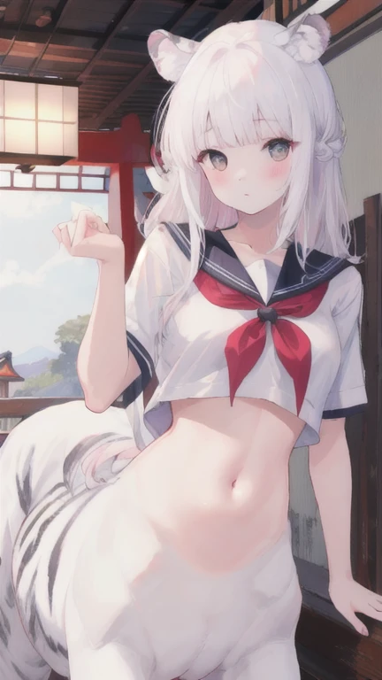 (best quality, masterpiece), 1 girl, centaur, I beg, White skin, Japanese schoolgirl,daughter,black pink, exposing the abdomen, belly button t-shirt , beautiful girl perfect, White tiger photo, 완벽한 White tiger photo