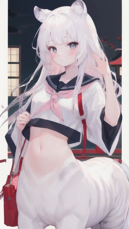(best quality, masterpiece), 1 girl, centaur, I beg, White skin, Japanese schoolgirl,daughter,black pink, exposing the abdomen, belly button t-shirt , beautiful girl perfect, White tiger photo, 완벽한 White tiger photo