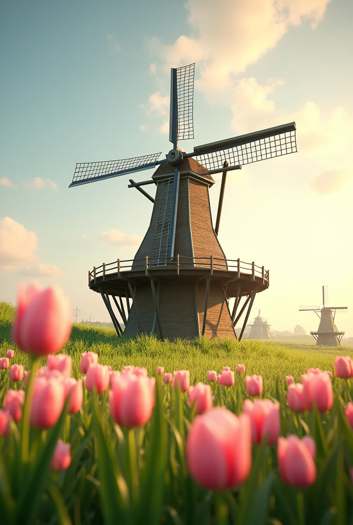 Large windmill in a green field with many light pink tulips on a beautiful sunny day