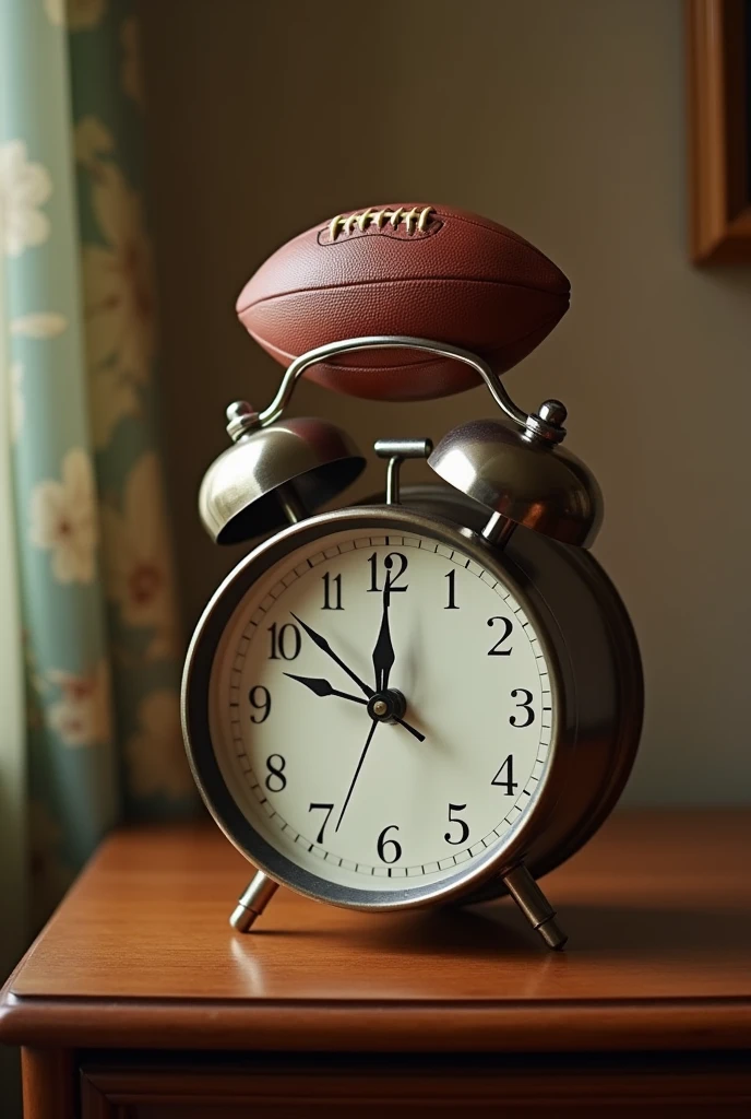 Pointer alarm clock, with the shape of an American football on top of a piece of furniture. 