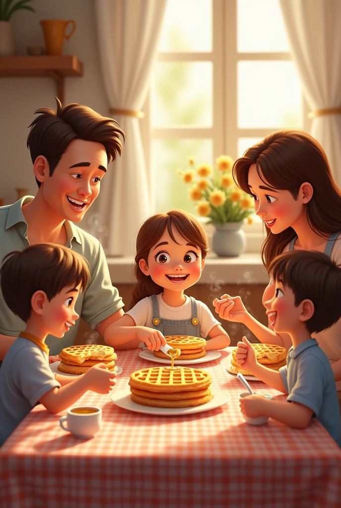 Family eating waffles