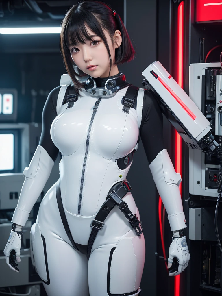 masterpiece, Highest quality, Very detailed, 8K Portrait,japanese android girl,Plump , Control panel,Robotic arms and legs, Blunt bangs,Perfect Robot Girl,Slightly thicker,White boots,White gloves,Chest Monitor,Charging Spot,She's an exhibit,Exhibition Hall,Promotion Girl
