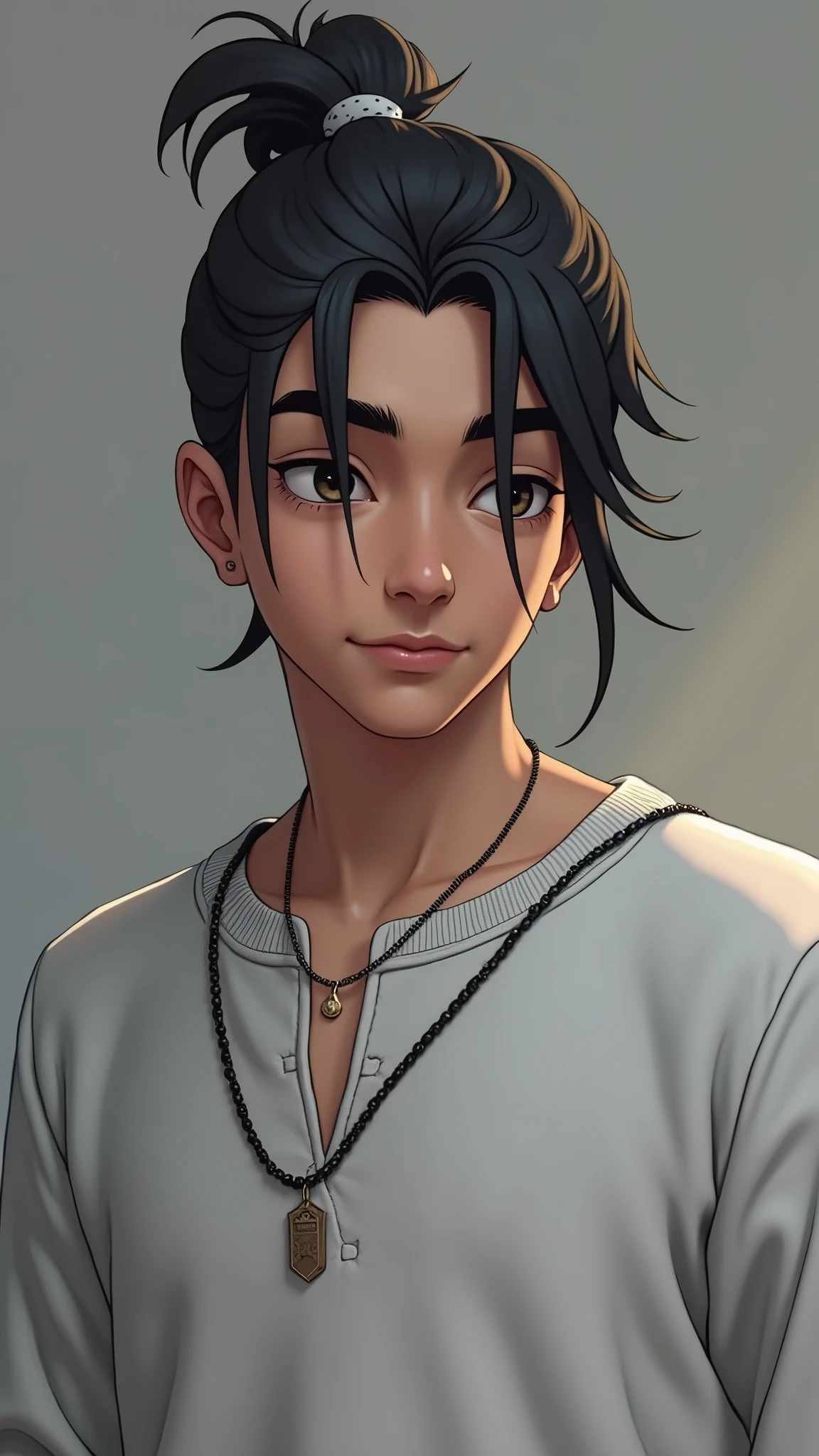 Young man, black hair with a ponytail, wears a Pullover and black jeans