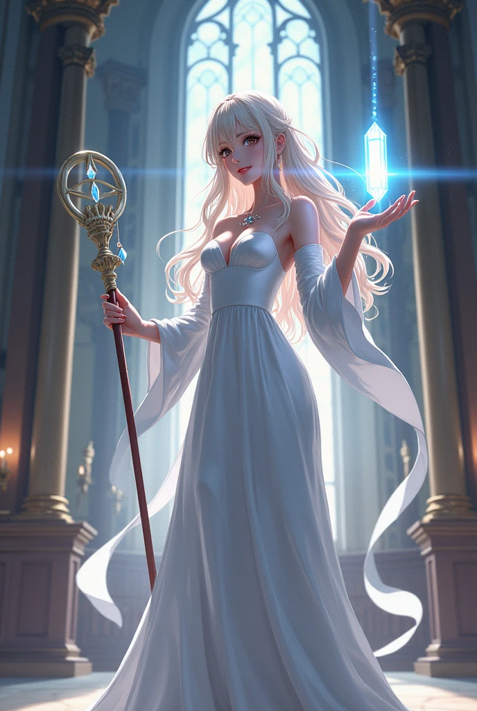(Anime adulte woman), priestress, priestress white dress, light aura, church background, , has magician staff with light white crystal, perfect hand with five fingers, light halo, casting light spell pose