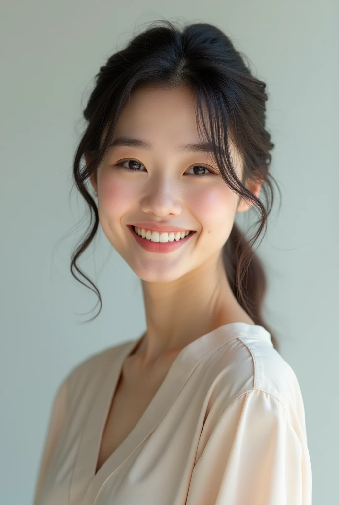 ((Highest quality)), ((masterpiece)), (detailed), Perfect Face, Japanese, woman, Face and body facing forward, Very smiling, Cheerful pose, 1 person, very cute, (Photorealistic, High resolution:1.4), Staring at the audience, (Simple Background:1.4), Realistic, Glowing Skin, Very smiling, blouse, monotone