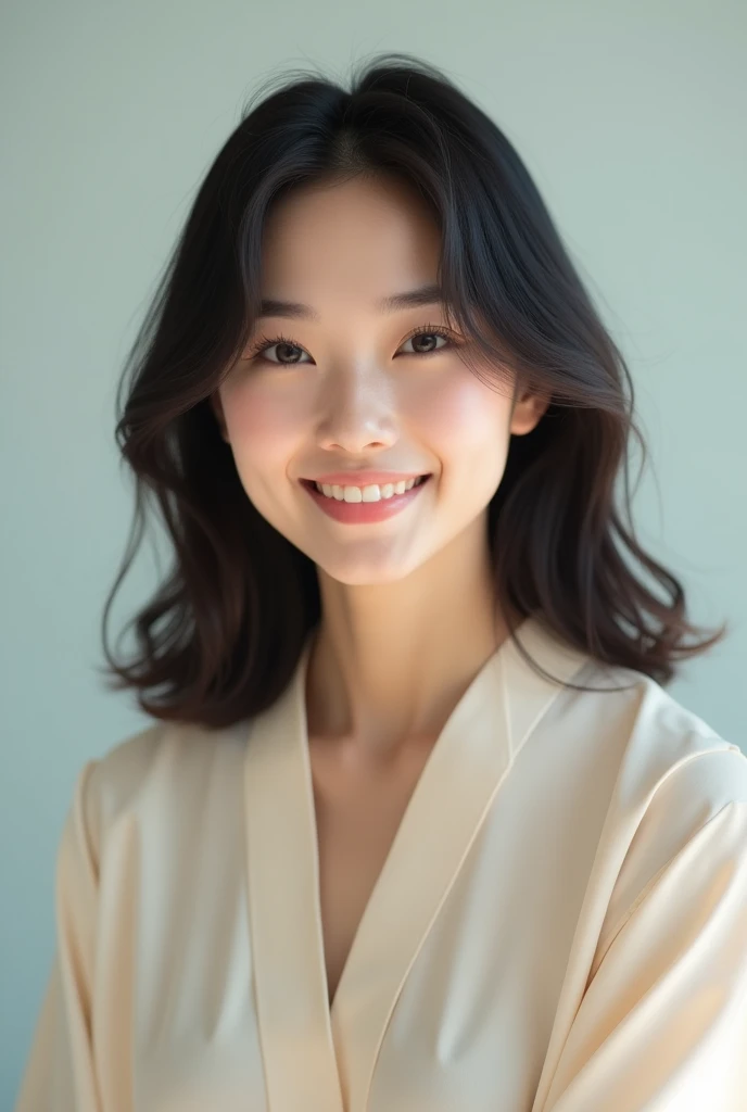 ((Highest quality)), ((masterpiece)), (detailed), Perfect Face, Japanese, woman, Face and body facing forward, Very smiling, Cheerful pose, 1 person, very cute, (Photorealistic, High resolution:1.4), Staring at the audience, (Simple Background:1.4), Realistic, Glowing Skin, Very smiling, blouse, monotone