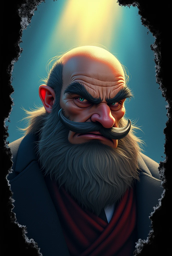 faça uma imagem de Dick Dastardly com barba ,in the background a blue and gold gradient with torn black edges epic realism