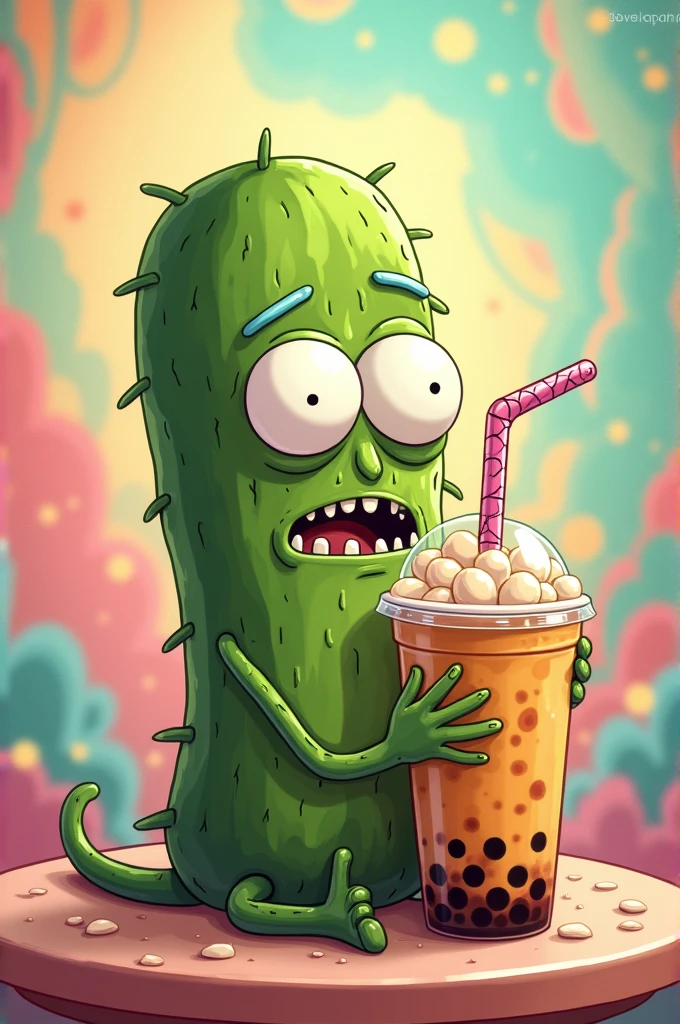 Pickle Rick drinking bubble tea