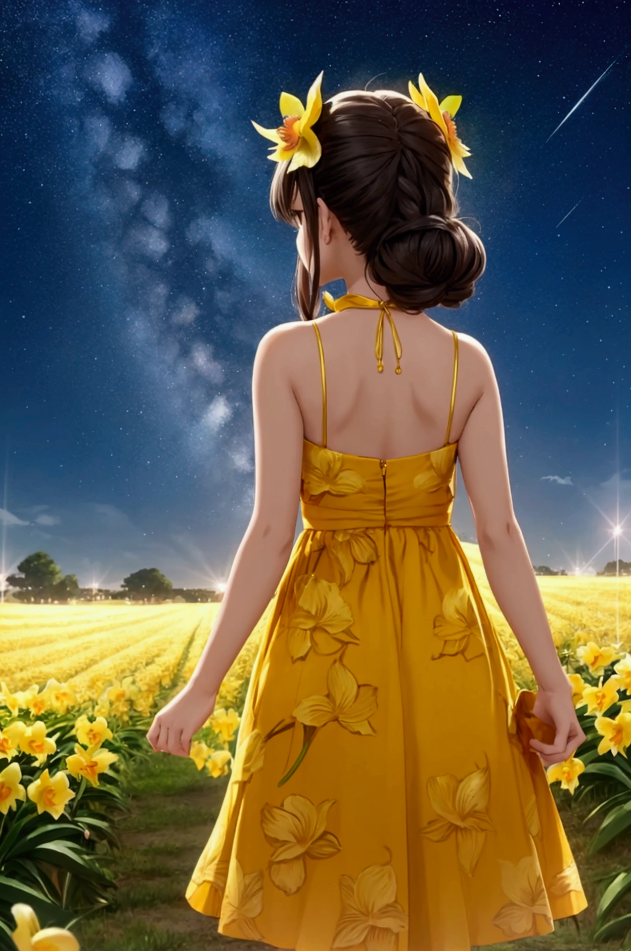 [anime styling], girl from the back (doesn&#39;t show face) observes the starry sky over a field of yellow orchids, in the sky the stars form the symbol of the sign Virgo, girl wears amber colored dress that is fluttered by the breeze of the wind, hair in the wind, beautiful night
