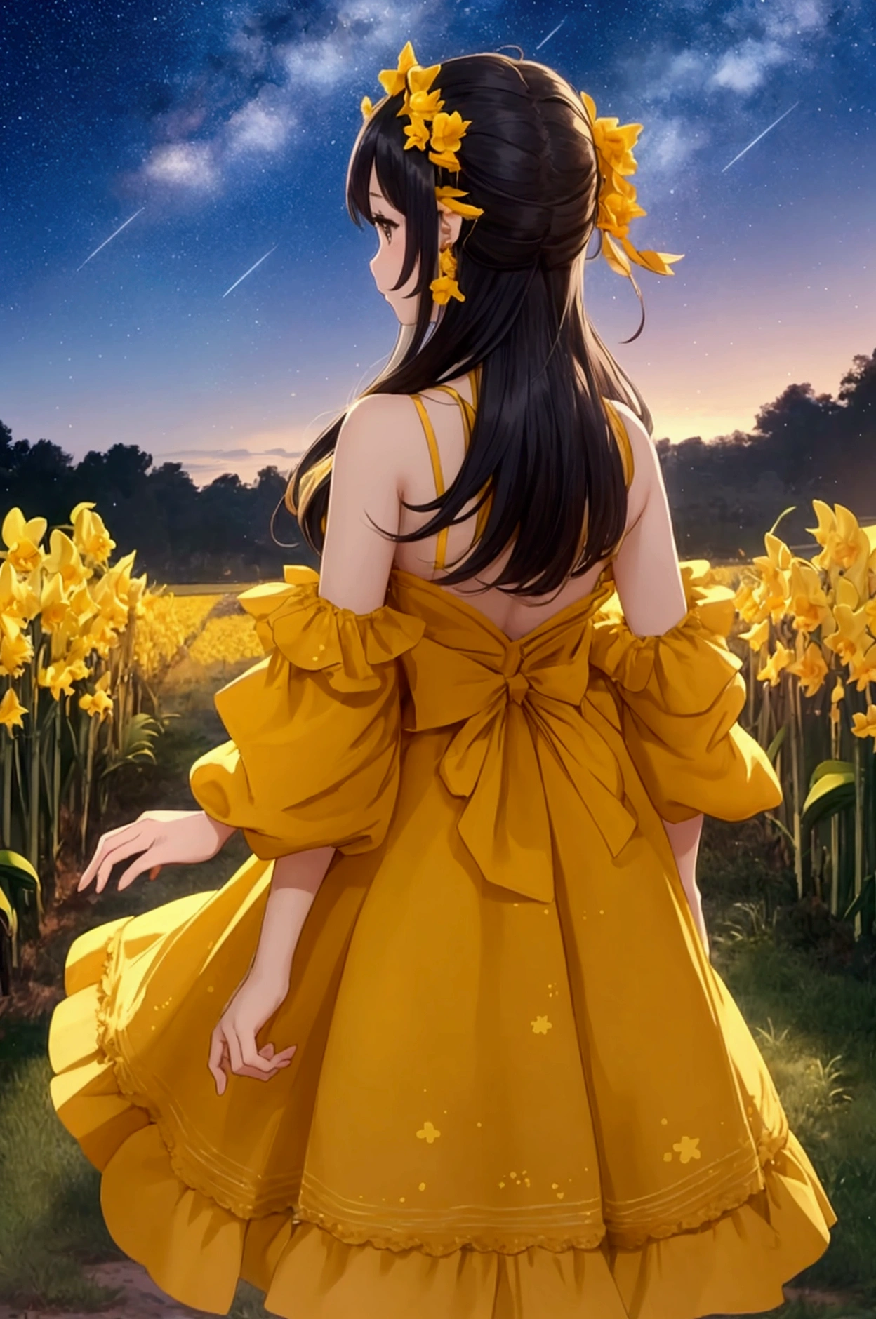 [anime styling], girl from the back (doesn&#39;t show face) observes the starry sky over a field of yellow orchids, in the sky the stars form the symbol of the sign Virgo, girl wears amber colored dress that is fluttered by the breeze of the wind, hair in the wind, beautiful night

